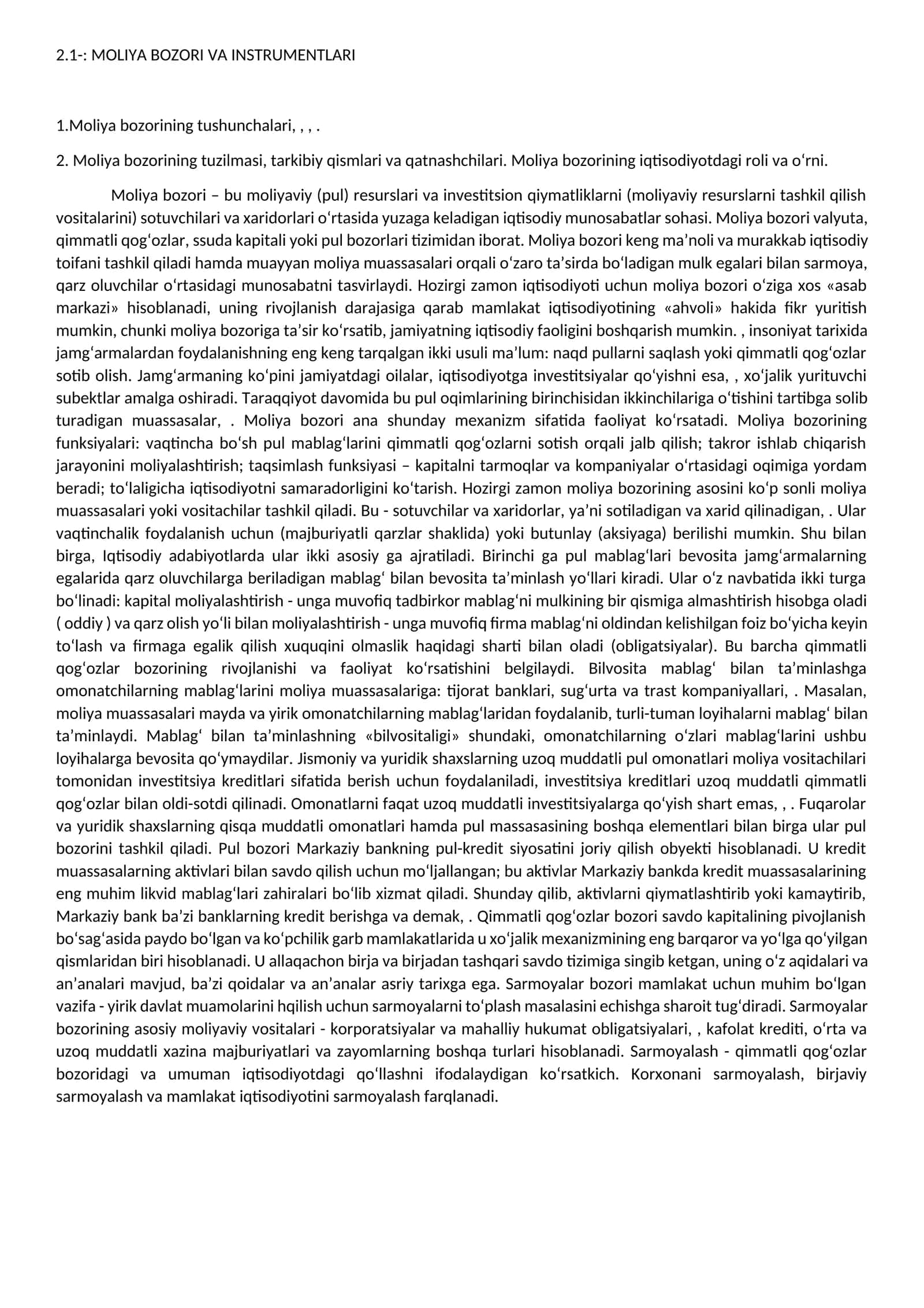 MOLIYA BOZORI VA INSTRUMENTLARI