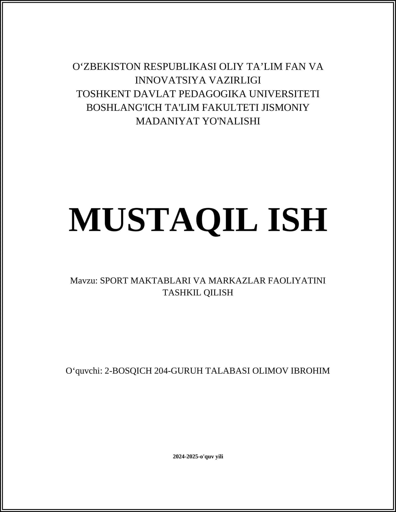 SPORT MAKTABLARI VA MARKAZLAR FAOLIYATINI TASHKIL QILISH