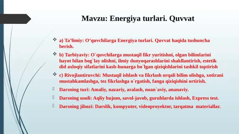 Energiya turlari.Quvvat