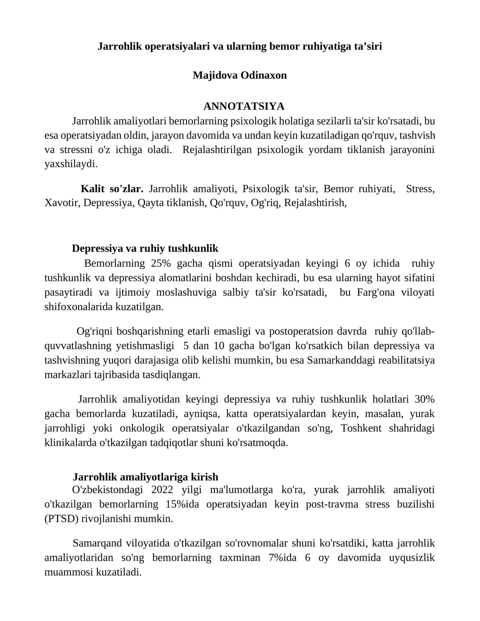 Jarrohlik operatsiyalari va ularning bemor ruhiyatiga taʼsiri
