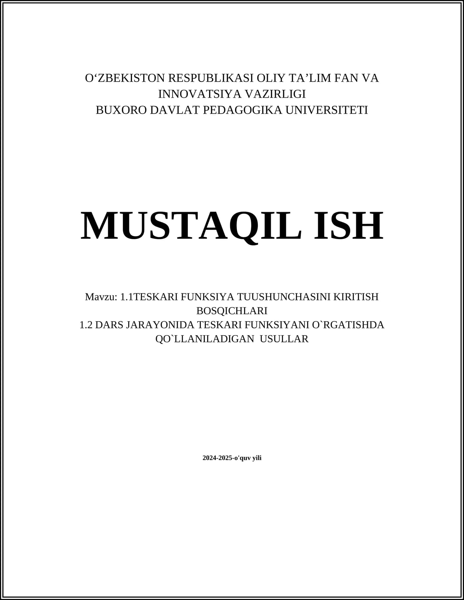 1.1TESKARI FUNKSIYA TUUSHUNCHASINI KIRITISH BOSQICHLARI