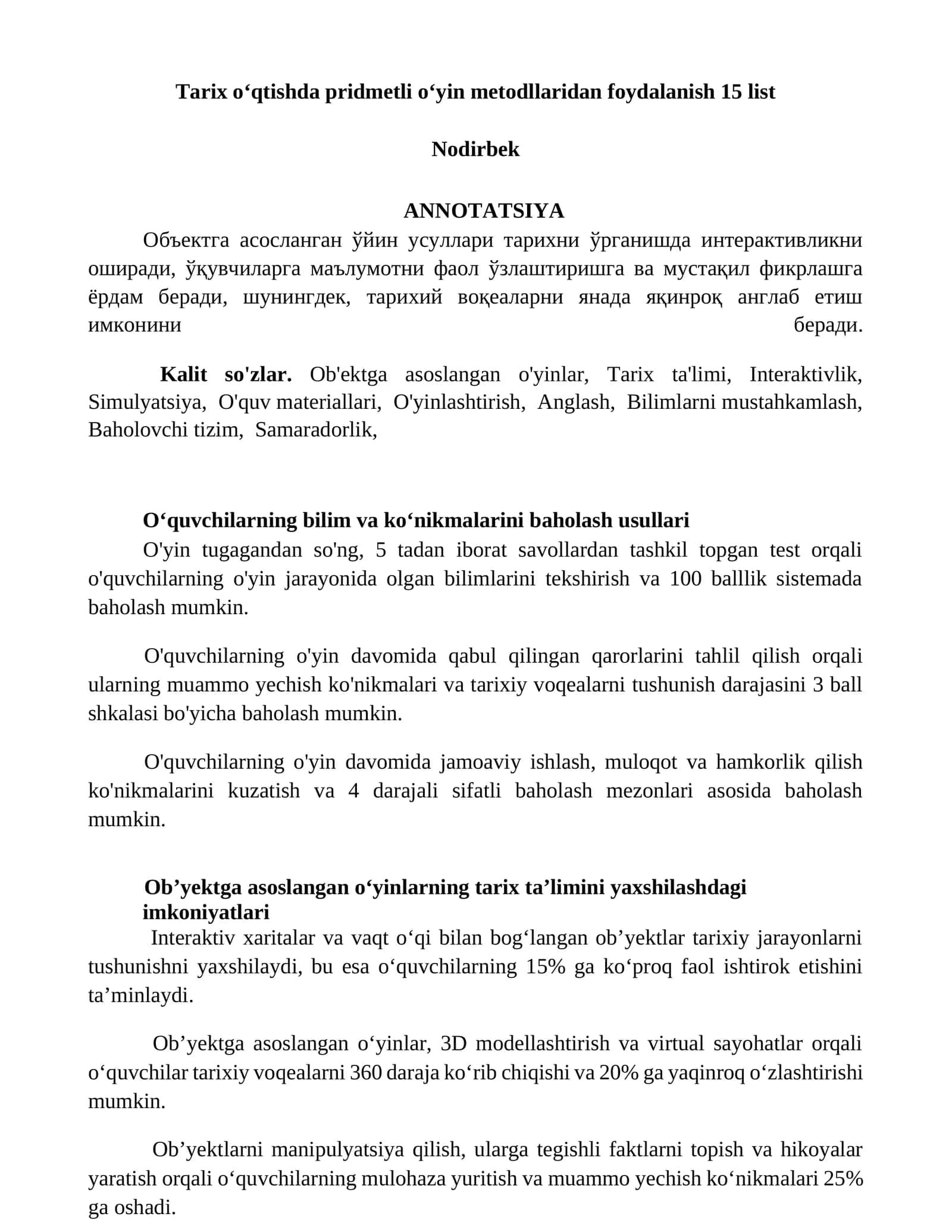 Tarix oʻqtishda pridmetli oʻyin metodllaridan foydalanish 15 list Nodirbek