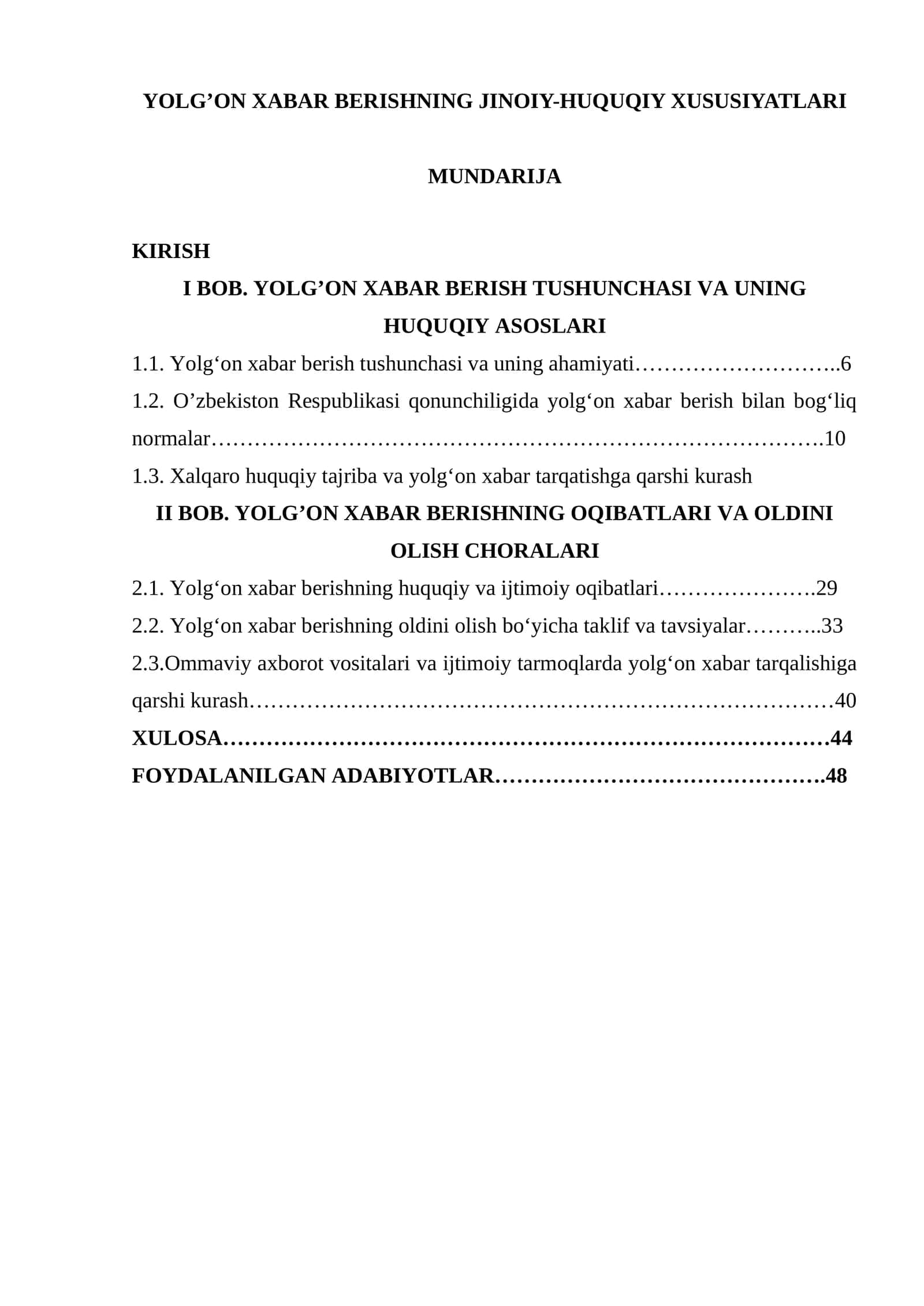 YOLG’ON XABAR BERISHNING JINOIY-HUQUQIY XUSUSIYATLARI