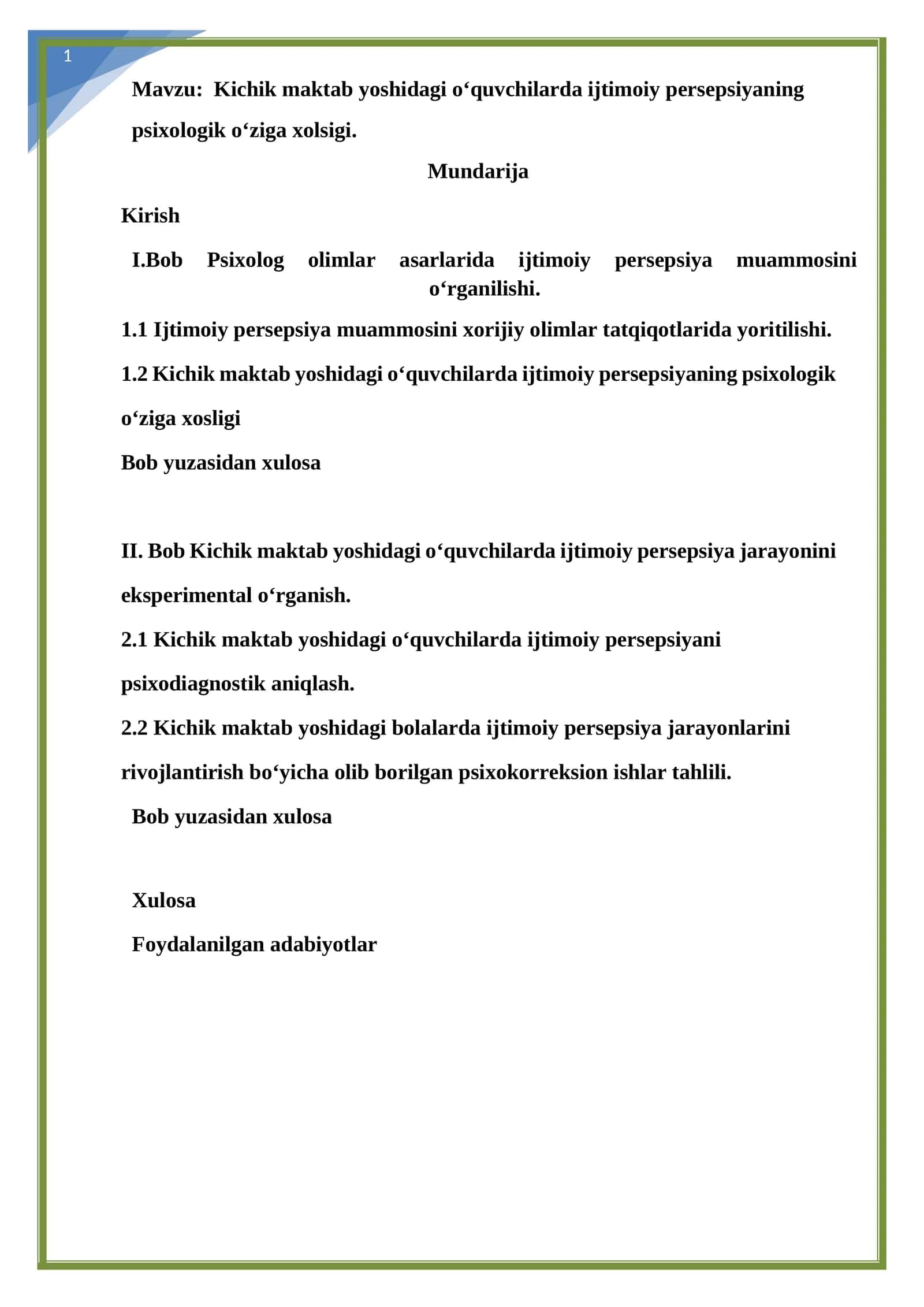 Kichik maktab yoshidagi o‘quvchilarda ijtimoiy persepsiyaning psixologik o‘ziga xolsigi
