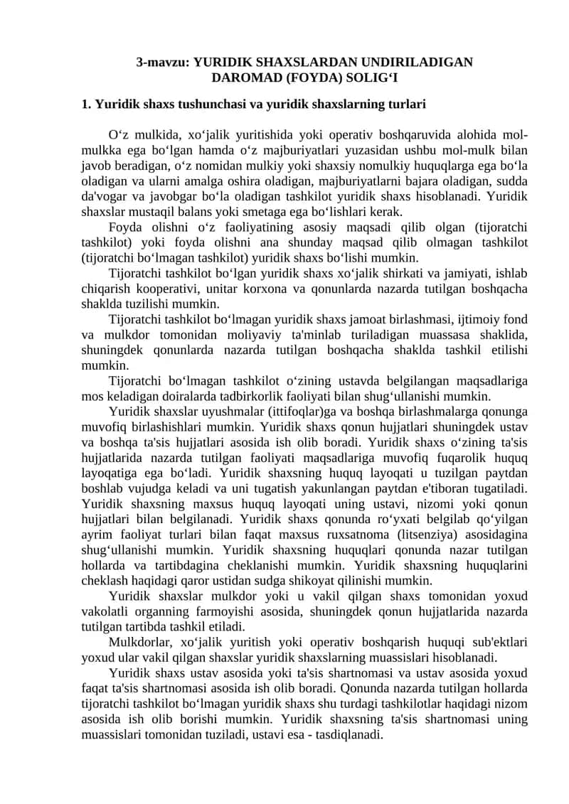YURIDIK SHAXSLARDAN UNDIRILADIGAN DAROMAD (FOYDA) SOLIG‘I