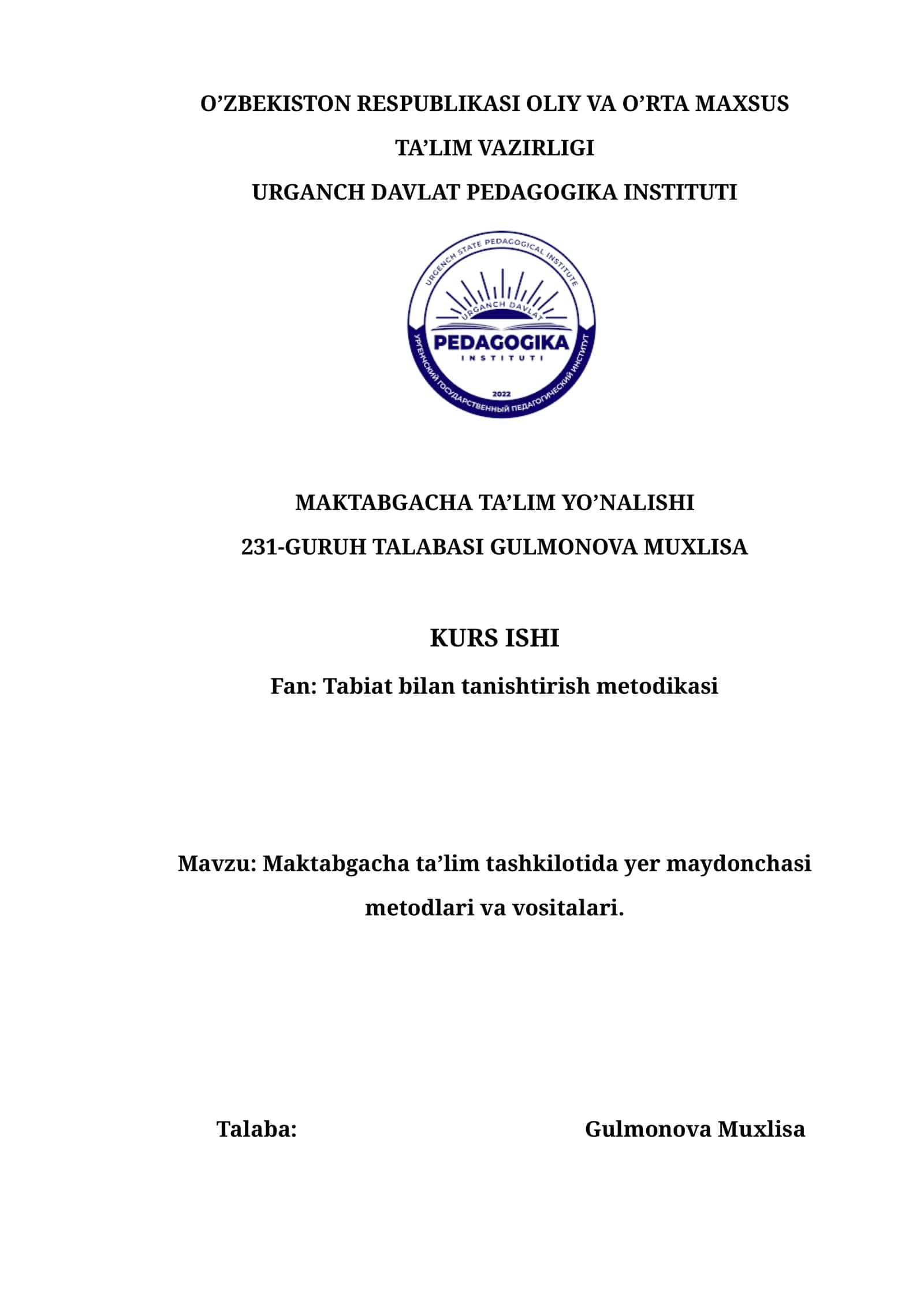 Maktabgacha taʼlim tashkilotida yer maydonchasi metodlari va vositalari
