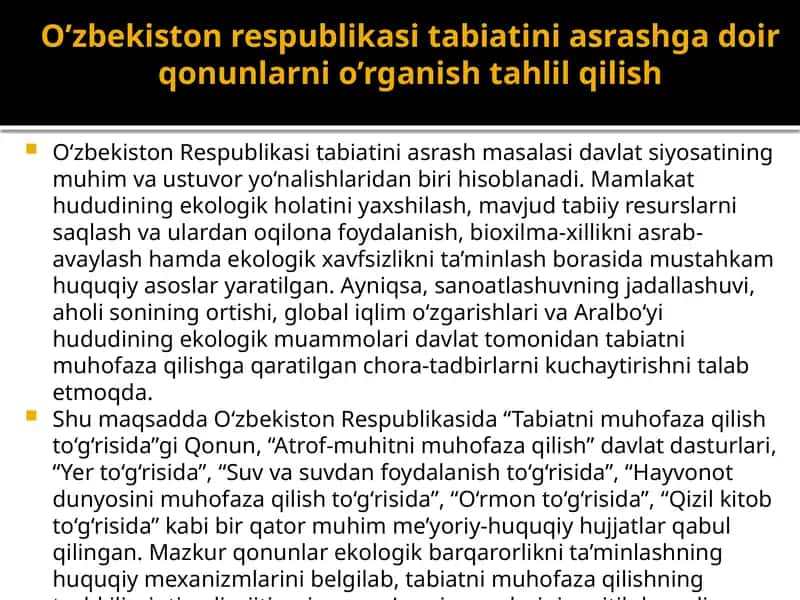O’zbekiston respublikasi tabiatini asrashga doir qonunlarni o’rganish tahlil qilish