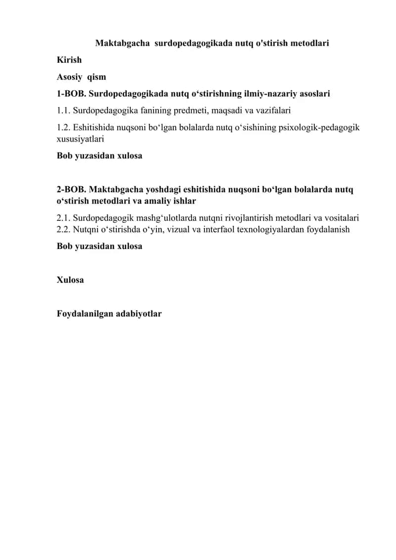 Maktabgacha  surdopedagogikada nutq o'stirish metodlari