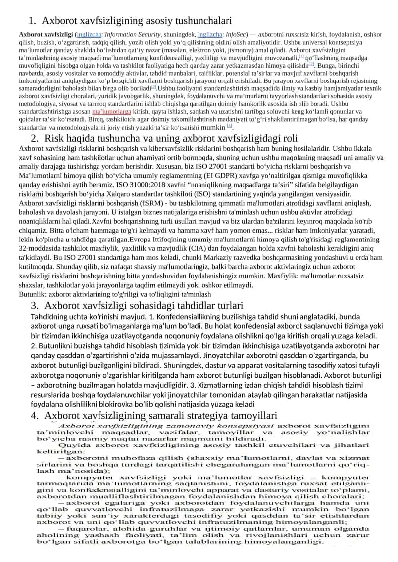 Axborot xavfsizligining asosiy tushunchalari