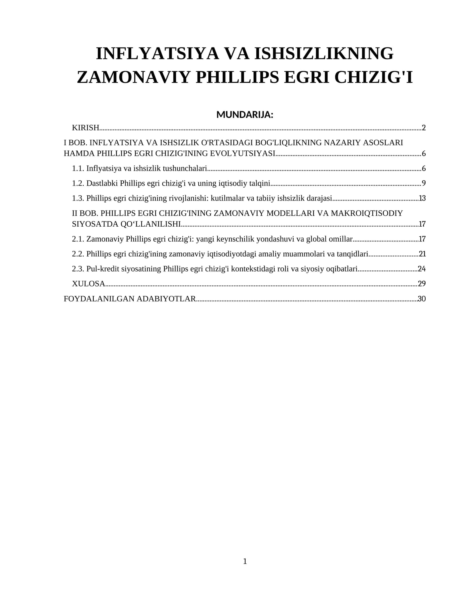 INFLEYATSIYA VA ISHSIZLIKNING ZAMONAVIY PHILLIPS EGRI CHIZIG'I