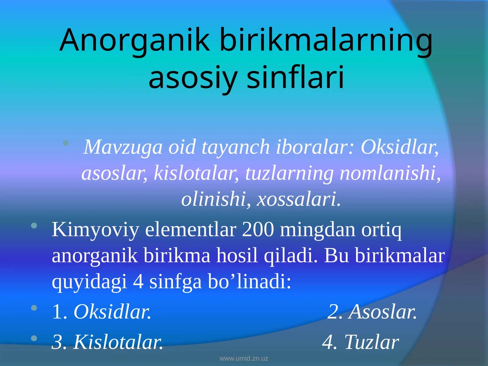 Anorganikbirikmalarningasosiysinflari
