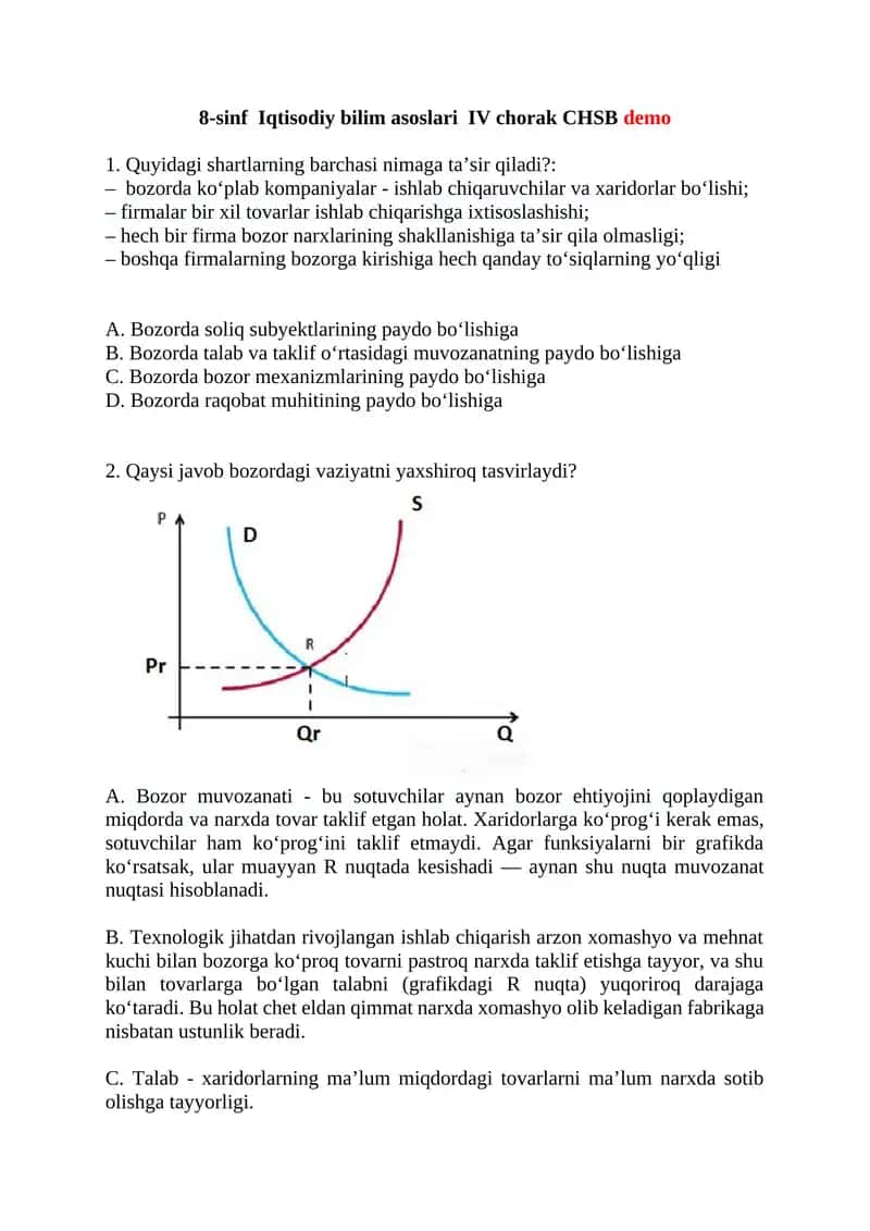 8-sinf Iqtisodiy bilim asoslari IV chorak CHSB demo