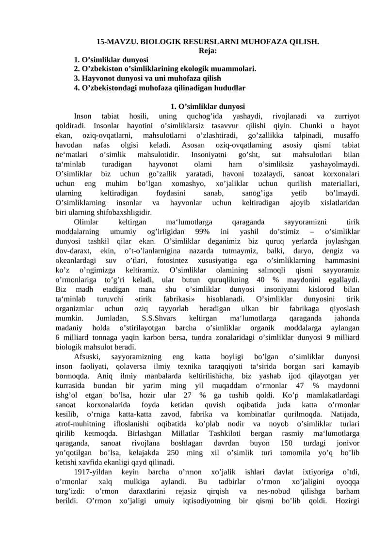BIOLOGIK RESURSLARNI MUHOFAZA QILISH
