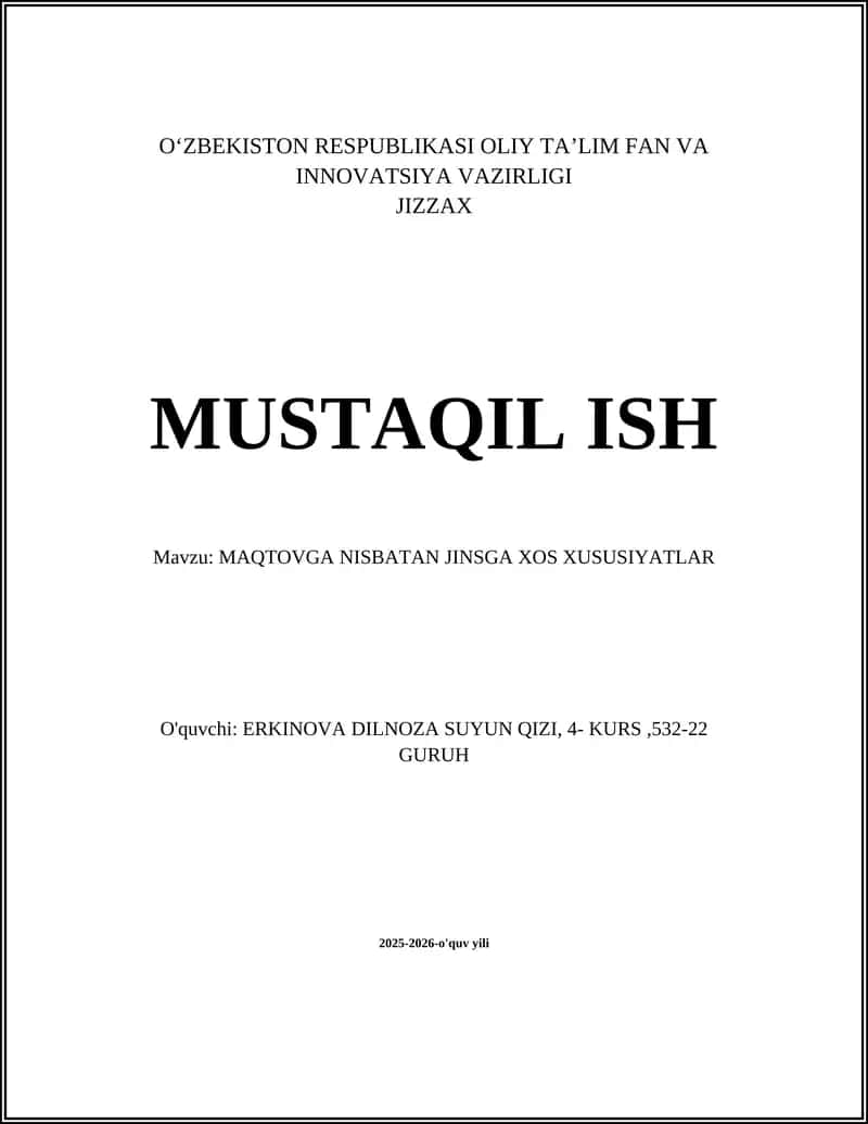 MAQTOVGA NISBATAN JINSGA XOS XUSUSIYATLAR