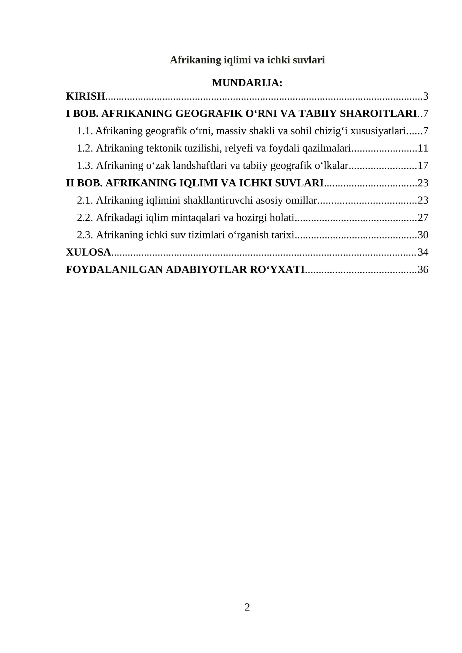 AFRIKANING IQLIMI VA ICHKI SUVLARI