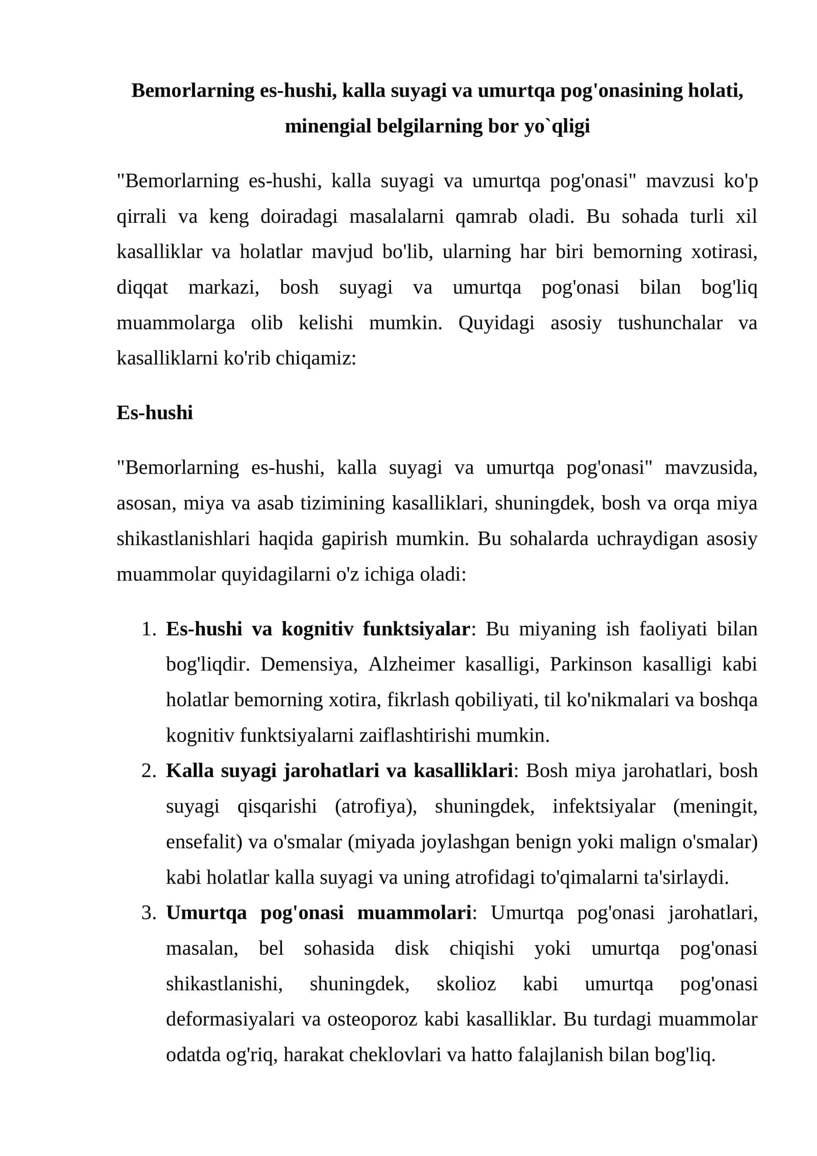 Bemorlarning es-hushi, kalla suyagi va umurtqa pog'onasi