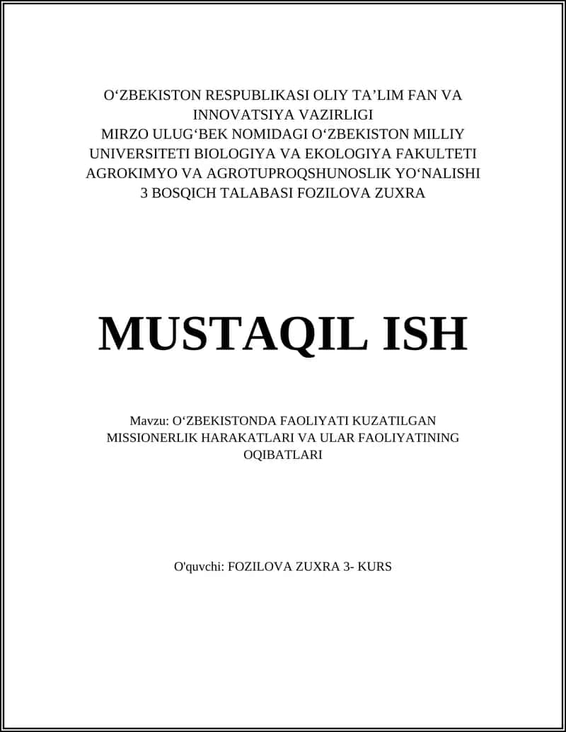 OʻZBEKISTONDA FAOLIYATI KUZATILGAN MISSIONERLIK HARAKATLARI VA ULAR FAOLIYATINING OQIBATLARI