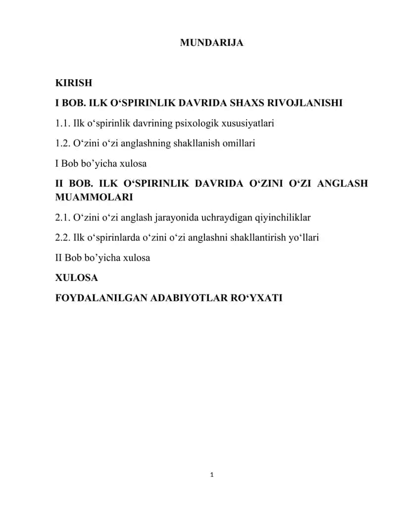 Ilk o’spirinlik davrida o’zini o’zi anglash muammosi
