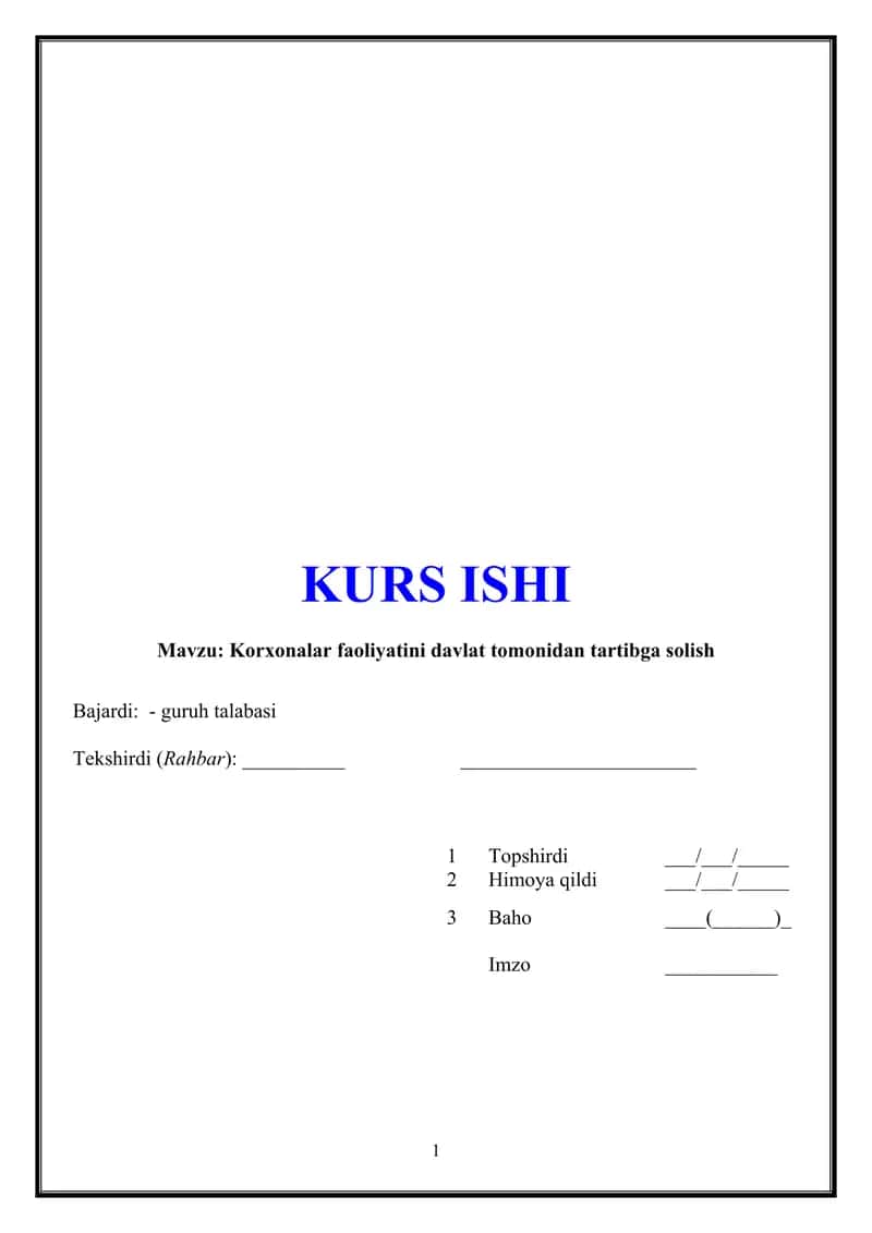 Korxonalar faoliyatini davlat tomonidan tartibga solish kurs ishi