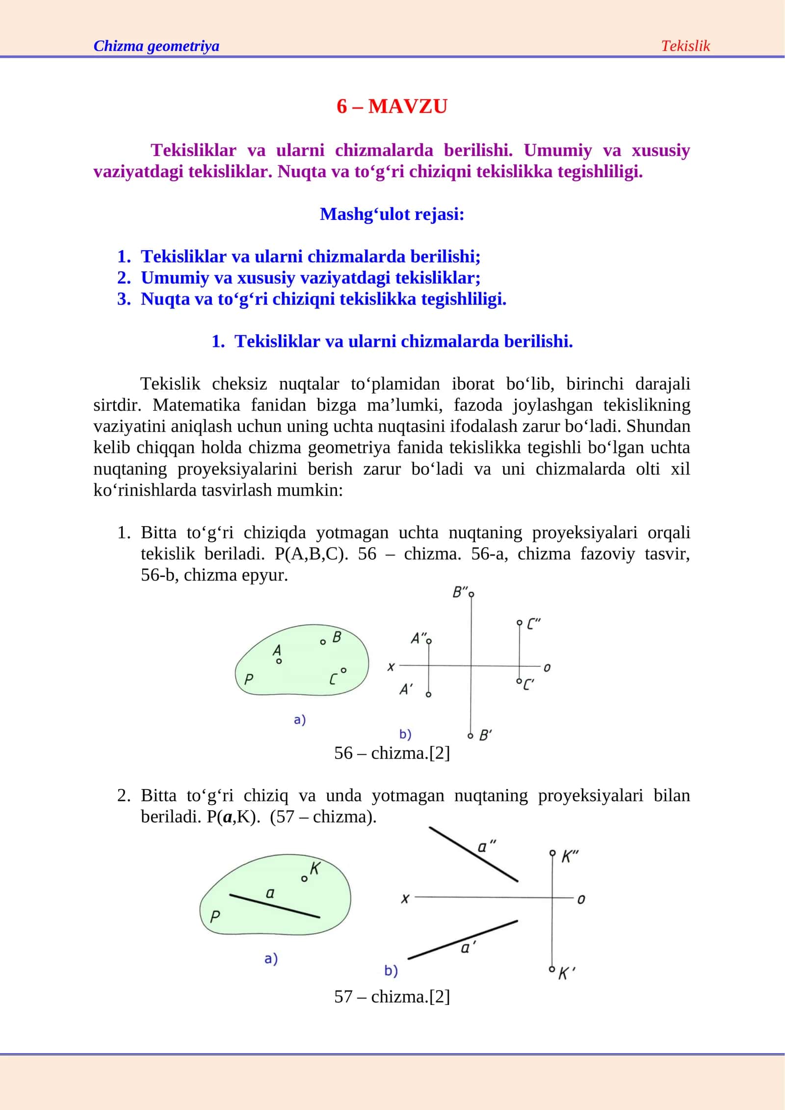 Chizma geometriya: Tekisliklar va ularni chizmalarda berilishi