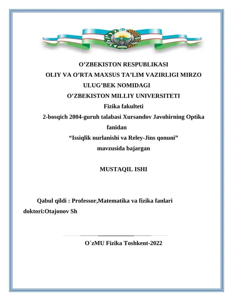Issiqlik nurlanishi va Reley-Jins qonuni