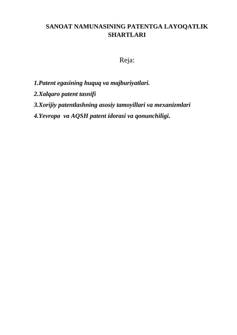 SANOAT NAMUNASINING PATENTGA LAYOQATLIK SHARTLARI
