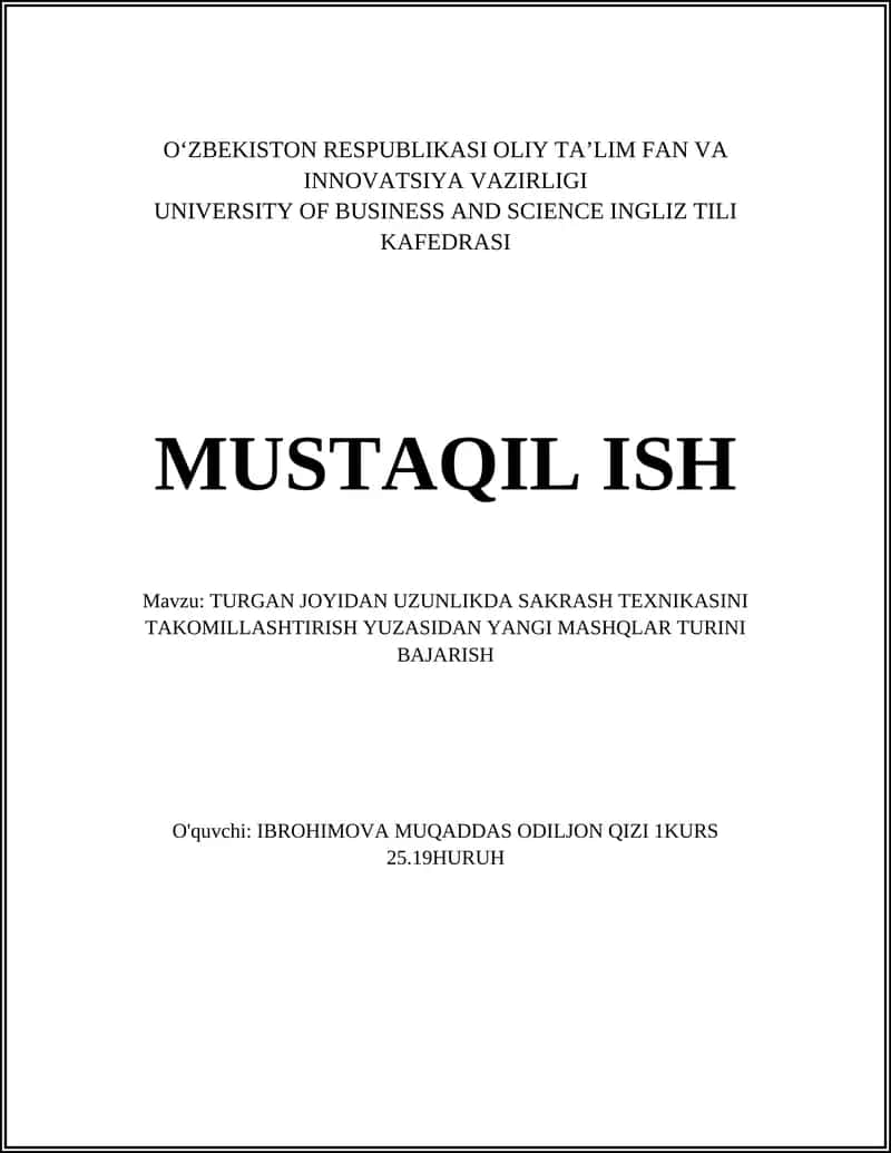 TURGAN JOYIDAN UZUNLIKDA SAKRASH TEXNIKASINI TAKOMILLASHTIRISH YUZASIDAN YANGI MASHQLAR TURINI BAJARISH