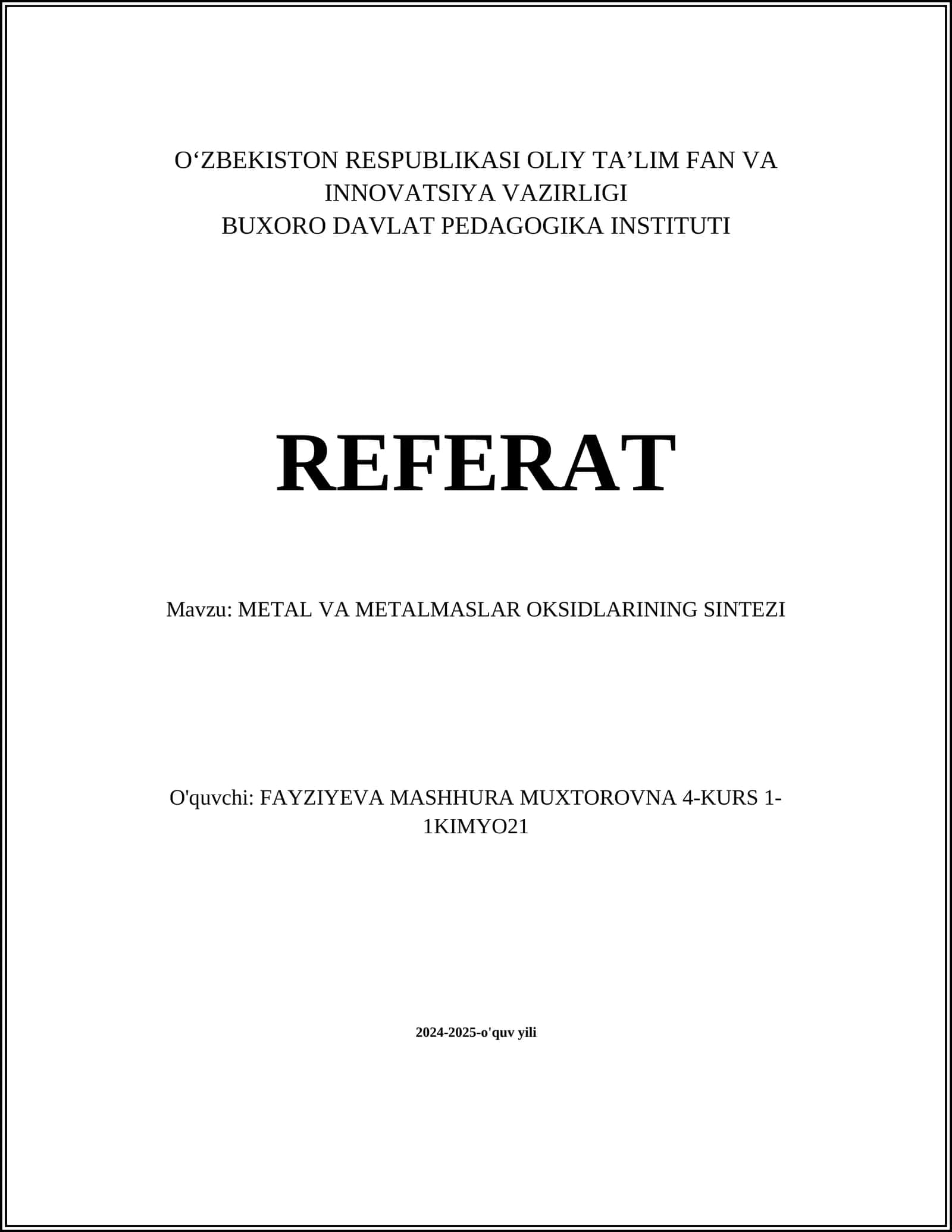 METAL VA METALMASLAR OKSIDLARINING SINTEZI
