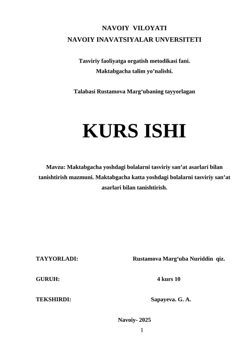 Maktabgacha yoshdagi bolalarni tasviriy san’at asarlari bilan tanishtirish mazmuni. Maktabgacha katta yoshdagi bolalarni tasviriy san’at asarlari bilan tanishtirish.