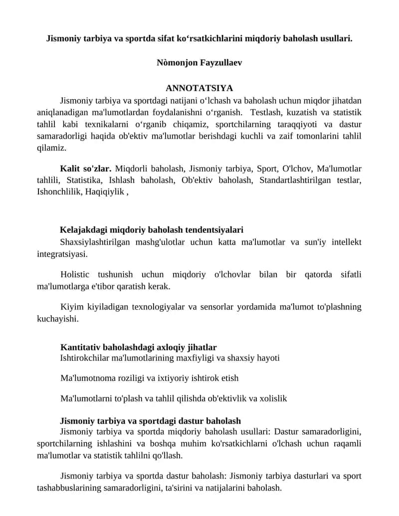 Jismoniy tarbiya va sportda sifat koʻrsatkichlarini miqdoriy baholash usullari