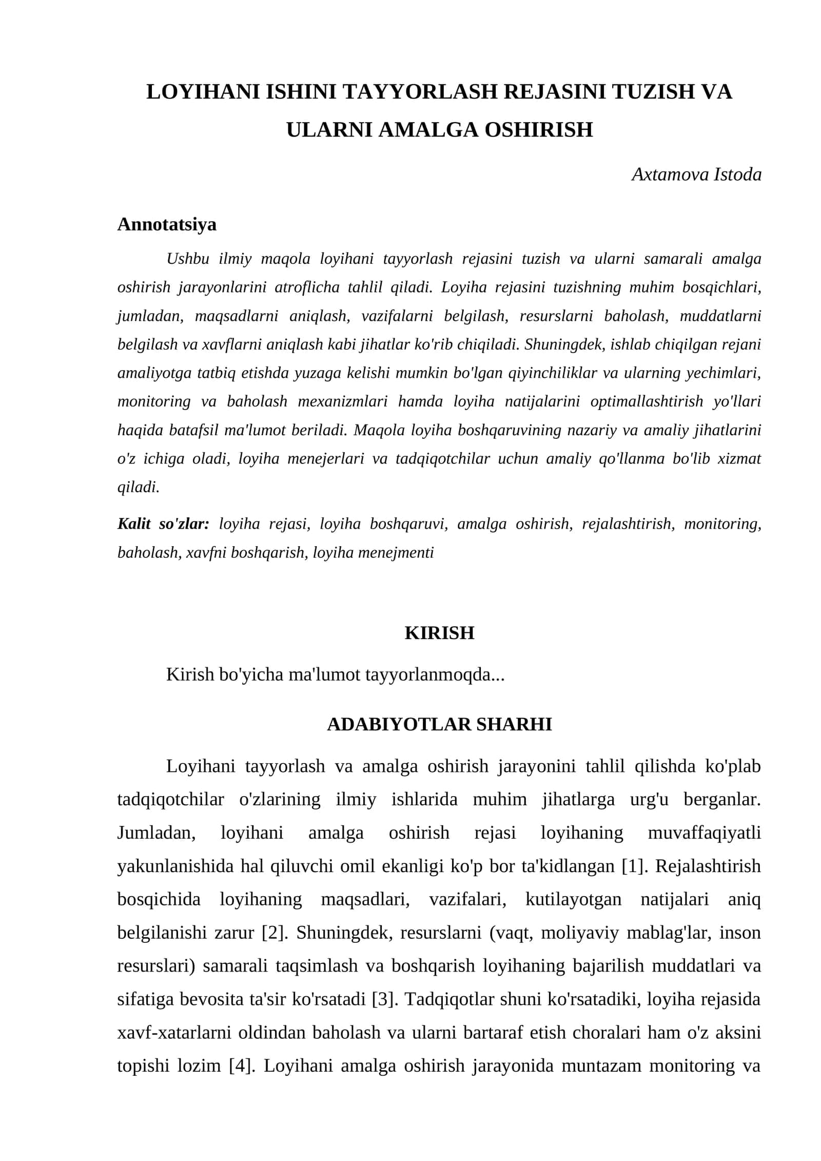 LOYIHANI ISHINI TAYYORLASH REJASINI TUZISH VA ULARNI AMALGA OSHIRISH