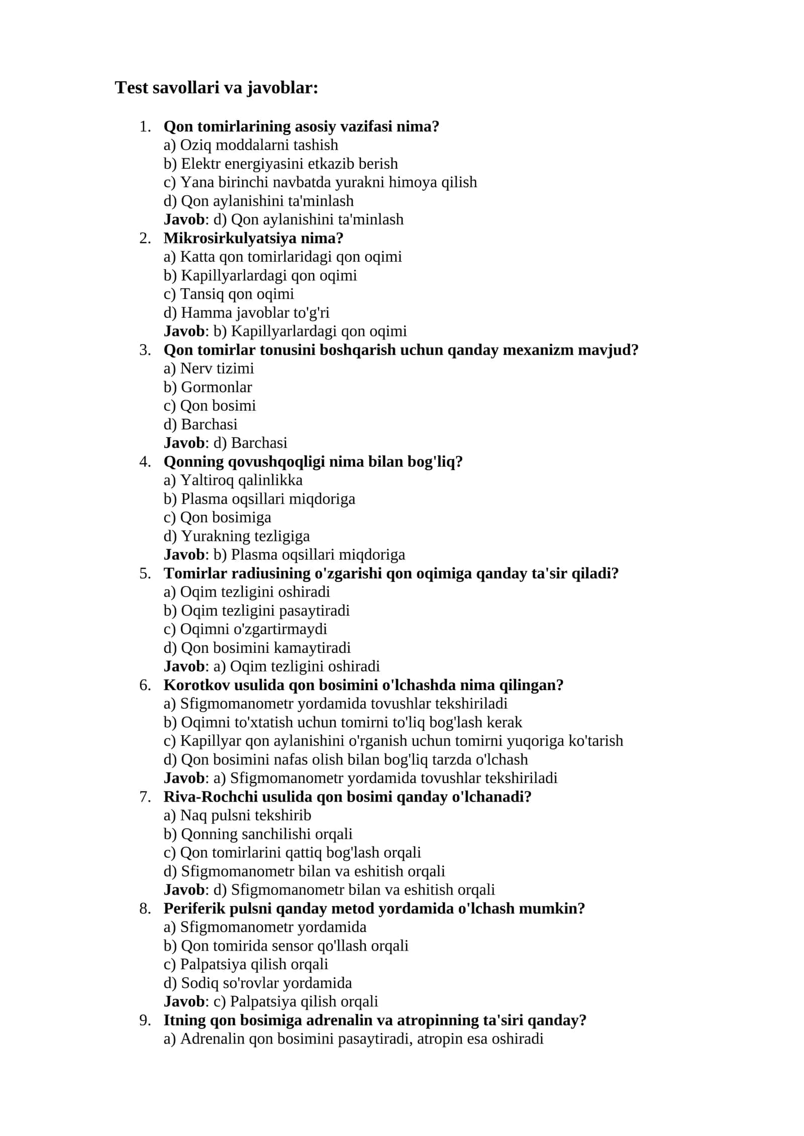 Test savollari va javoblar