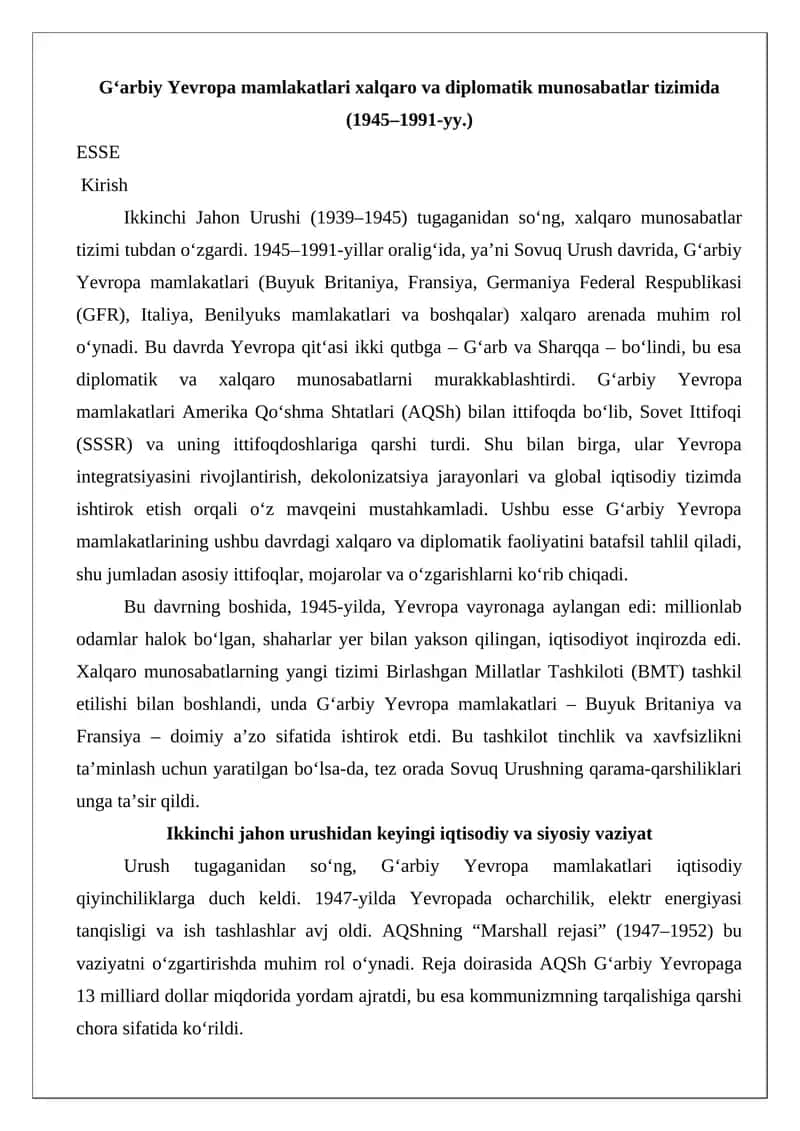 G‘arbiy Yevropa mamlakatlari xalqaro va diplomatik munosabatlar tizimida (1945–1991-yy.) ESSE
