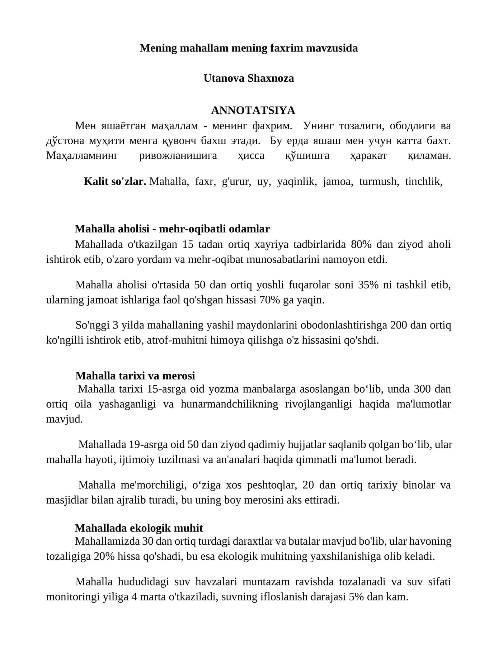 Mening mahallam mening faxrim mavzusida