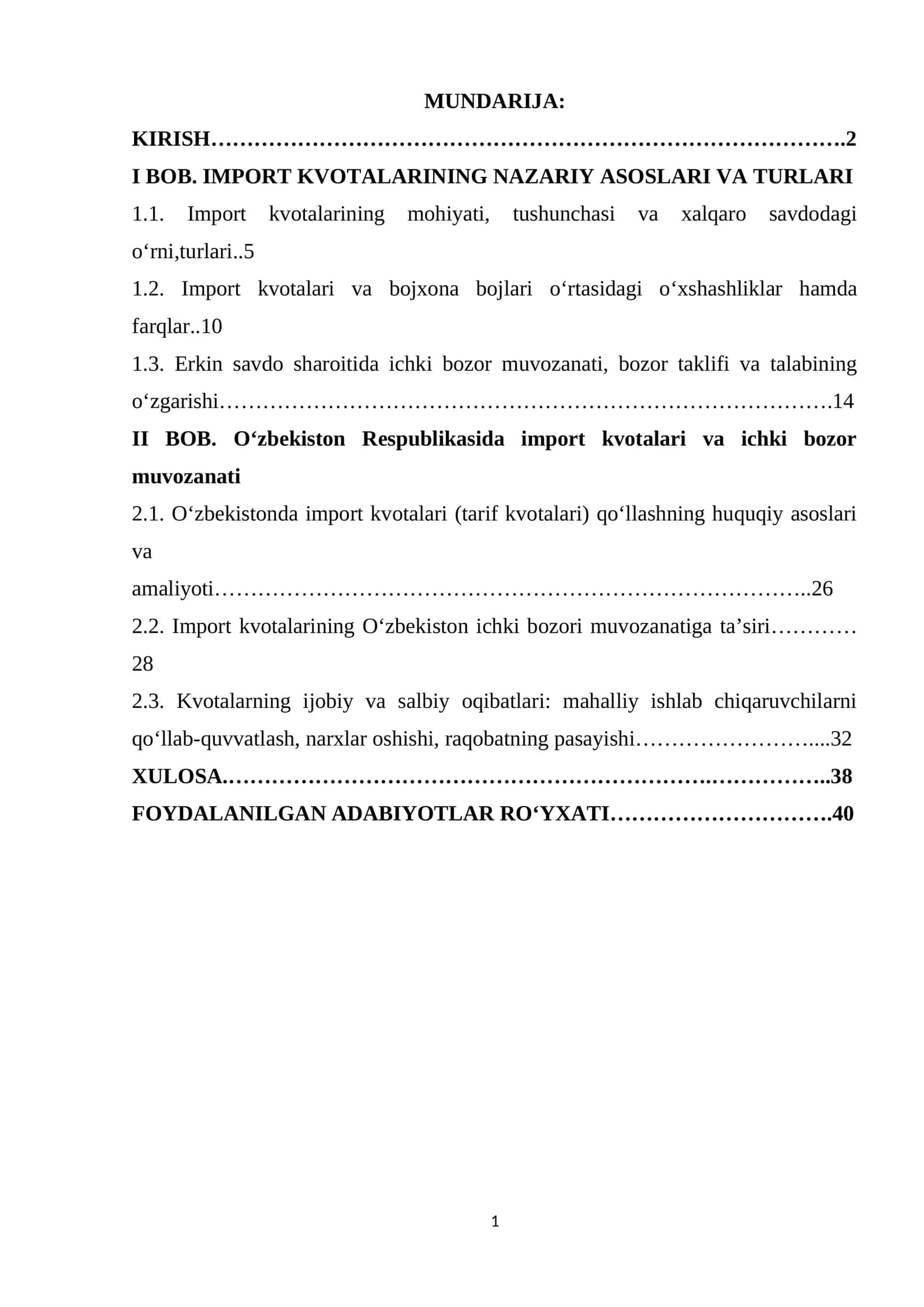 Import kvotalari va ichki bozor muvozanati