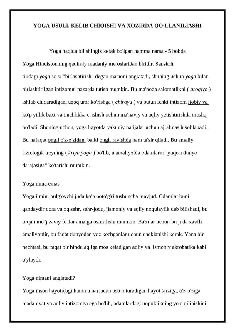 Yoga Usuli. Kelib chiqishi va hozirda qo'llanilishi