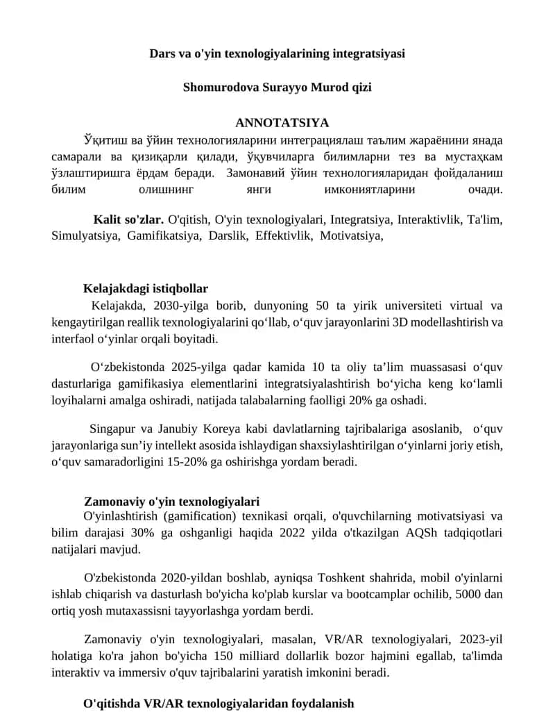 Dars va o'yin texnologiyalarining integratsiyasi