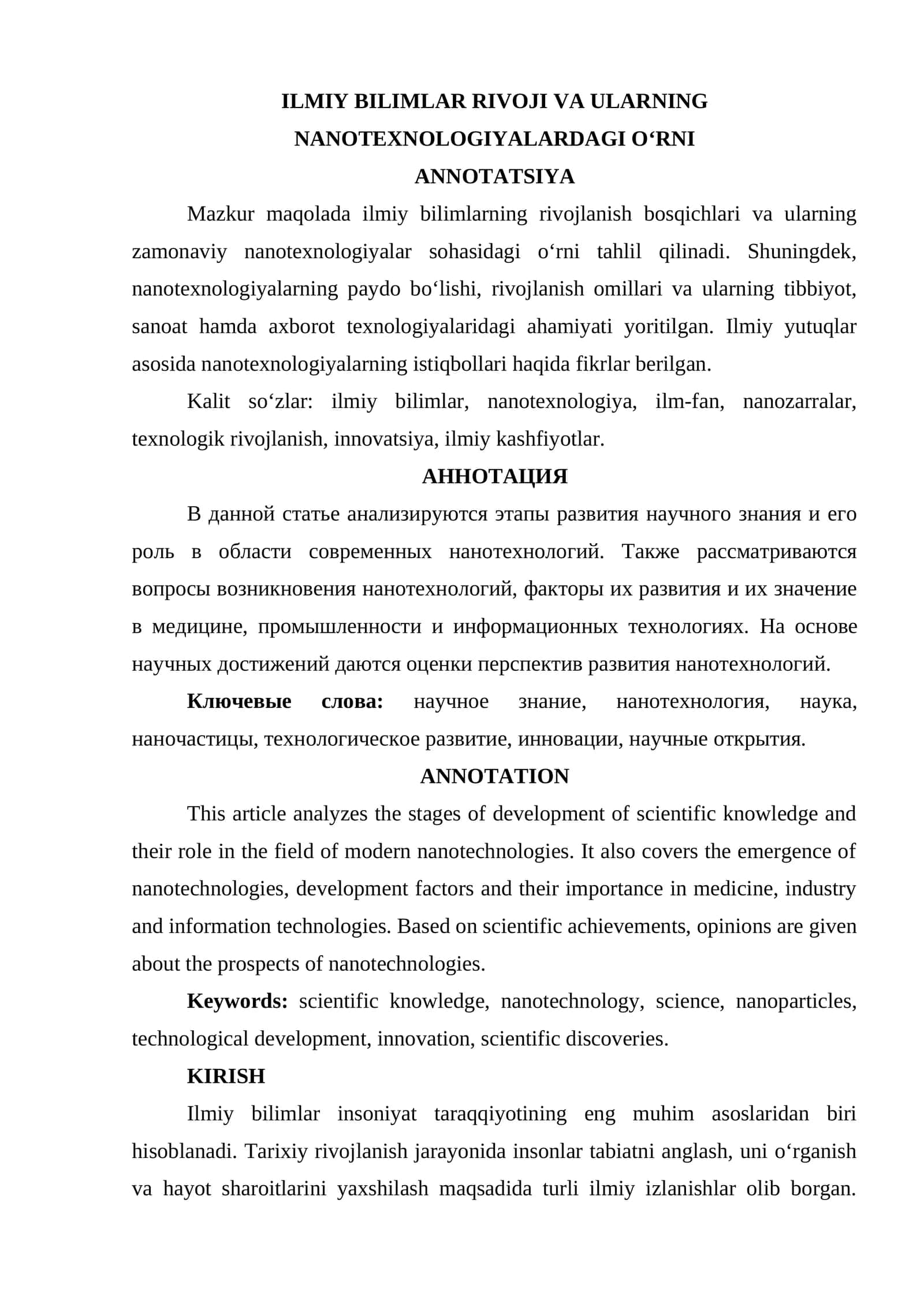 ILMIY BILIMLAR RIVOJI VA ULARNING NANOTEXNOLOGIYALARDAGI O‘RNI
