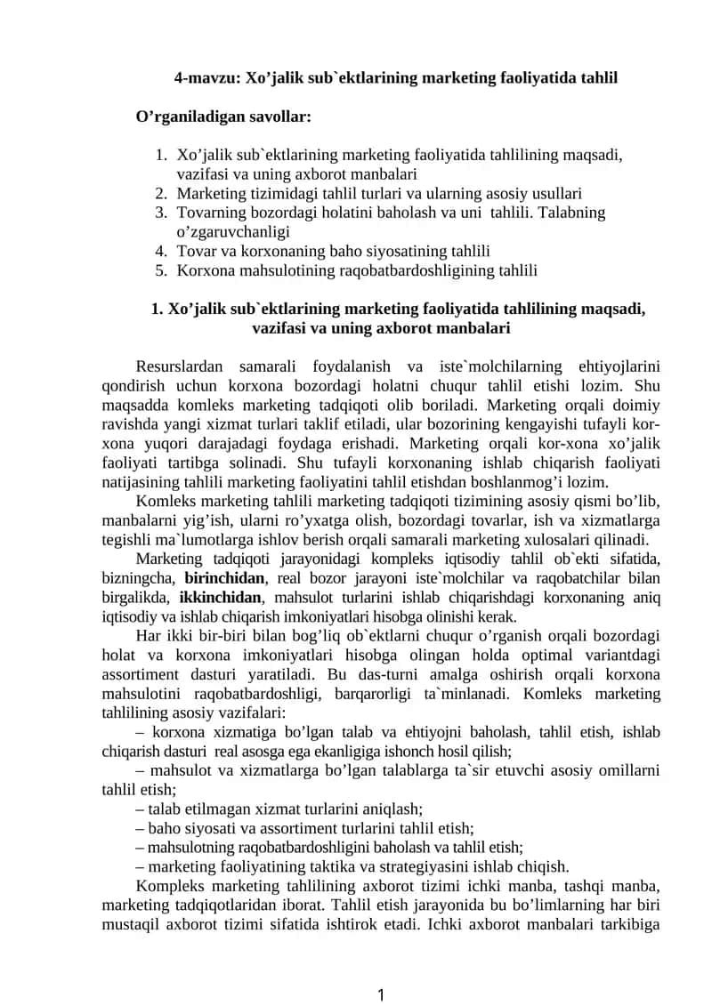 Xo’jalik sub`ektlarining marketing faоliyatida tahlil