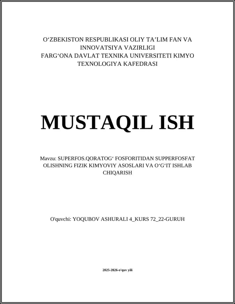 SUPERFOS.QORATOGʻ FOSFORITIDAN SUPFERFOSFAT OLISH