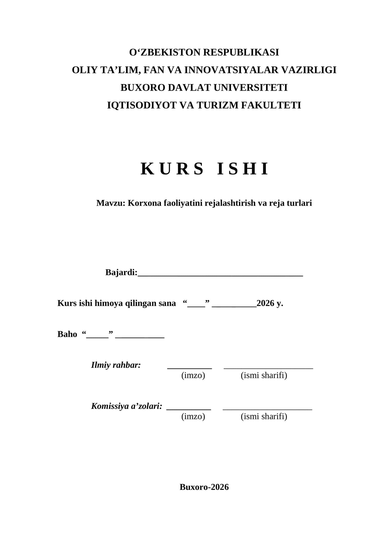 Korxona faoliyatini rejalashtirish va reja turlari kurs ishi