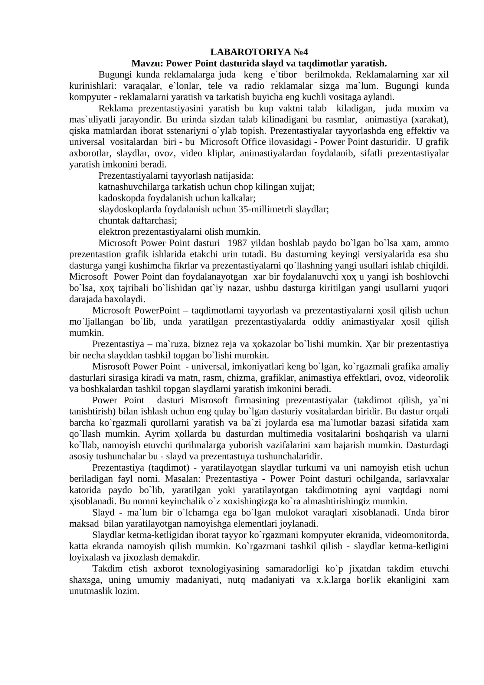 Power Point dasturida slayd va taqdimotlar yaratish