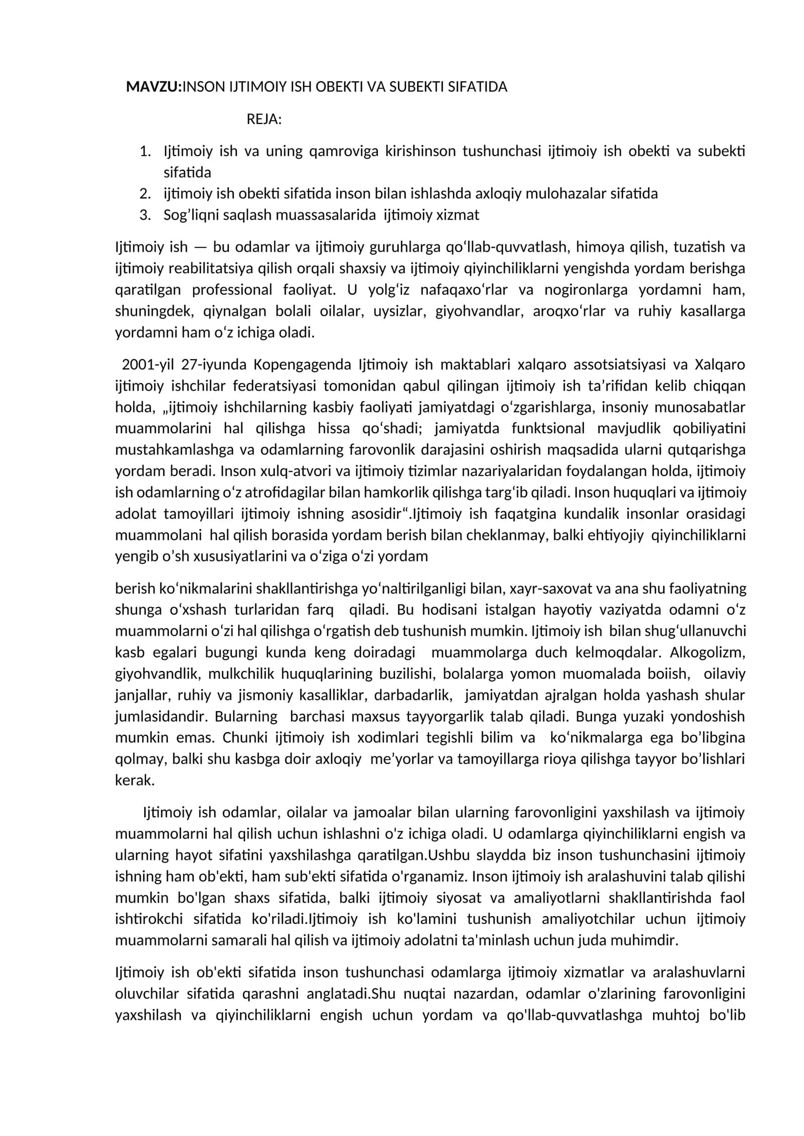 INSON IJTIMOIY ISH OBEKTI VA SUBEKTI SIFATIDA