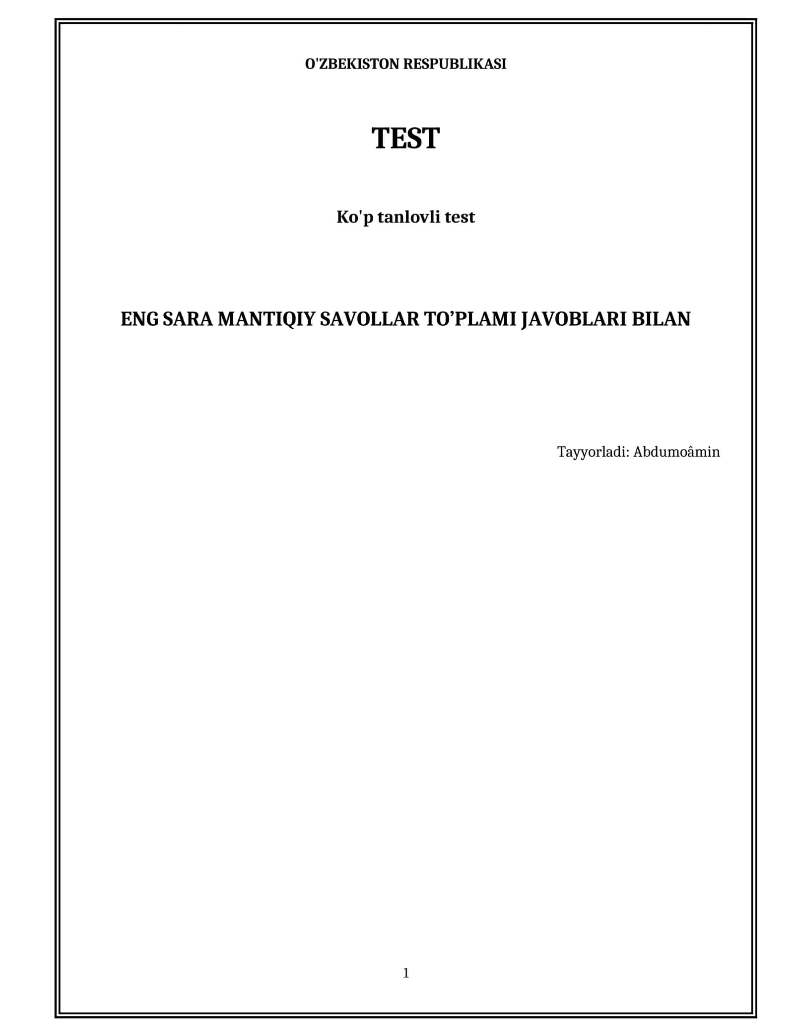 ENG SARA MANTIQIY SAVOLLAR TO’PLAMI JAVOBLARI BILAN