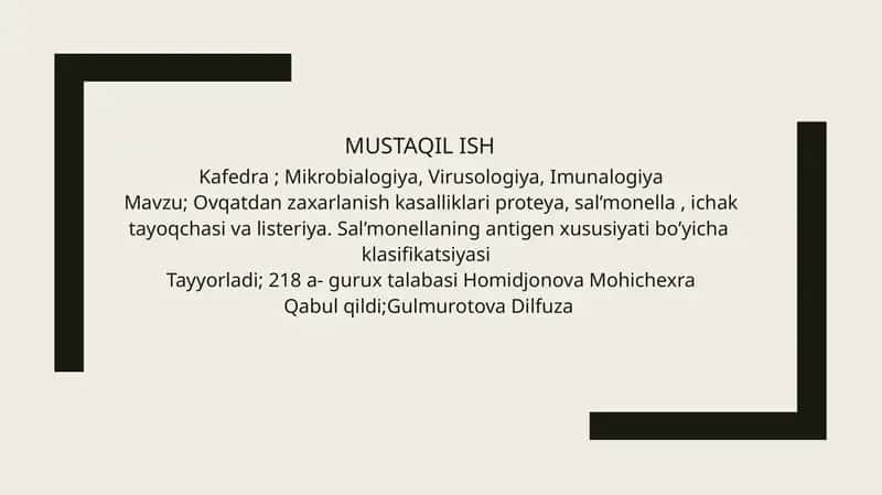 Ovqatdan zaxarlanish kasalliklari proteya, sal’monella, ichak tayoqchasi va listeriya
