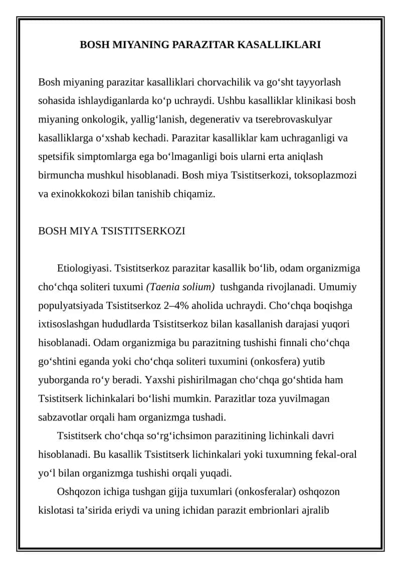 BOSH MIYANING PARAZITAR KASALLIKLARI
