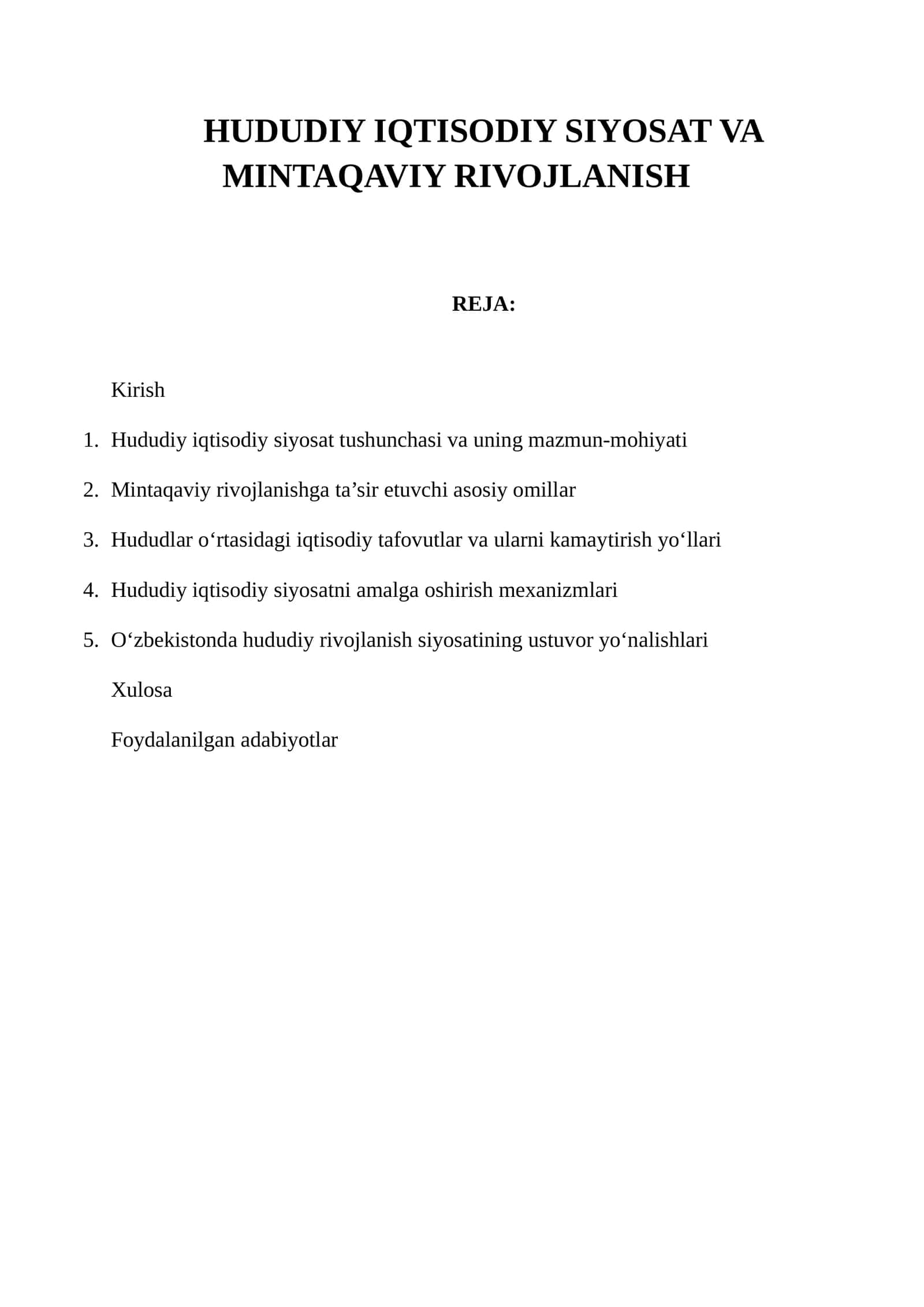 HUDUDIY IQTISODIY SIYOSAT VA MINTAQAVIY RIVOJLANISH