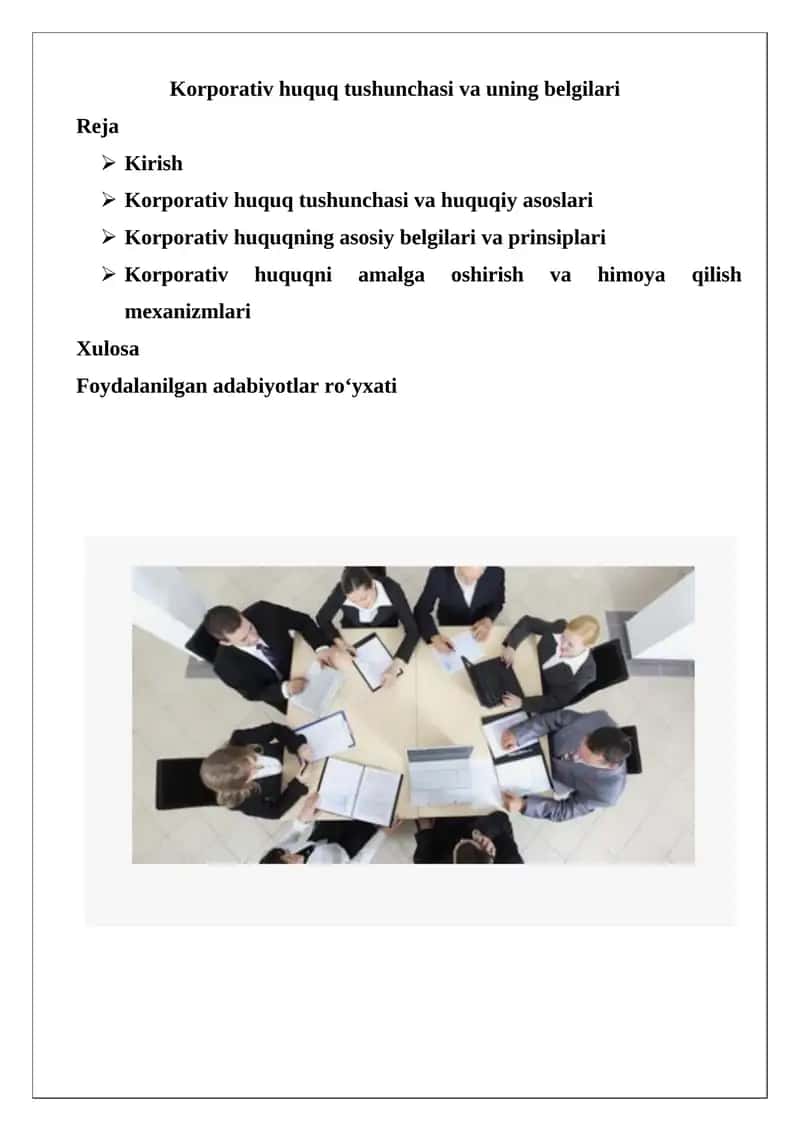 Korporativ huquq tushunchasi va uning belgilari