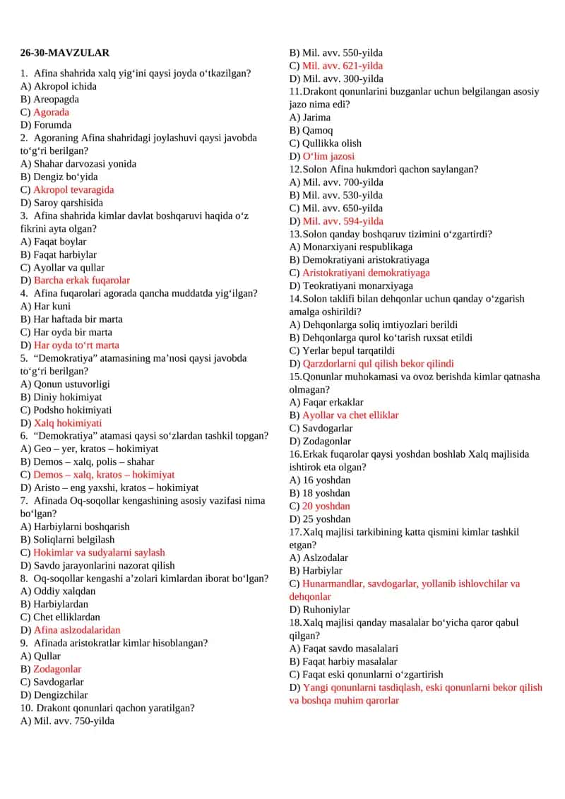 6-SINF TARIX MAVZULASHTIRILGAN TESTLAR 26-30-MAVZULAR