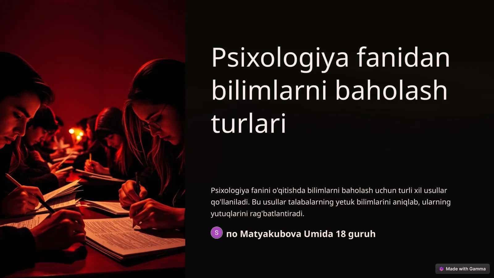 Psixologiya fanidan bilimlarni baholash turlari